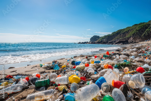 Beach polluted with discarded plastic waste, highlighting environmental concerns and the need for recycling and waste management. Generative AI