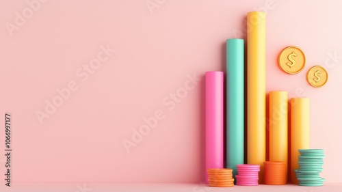 Colorful cylindrical bars represent growth, accompanied by coins against a pastel pink background, symbolizing finance and investment.
