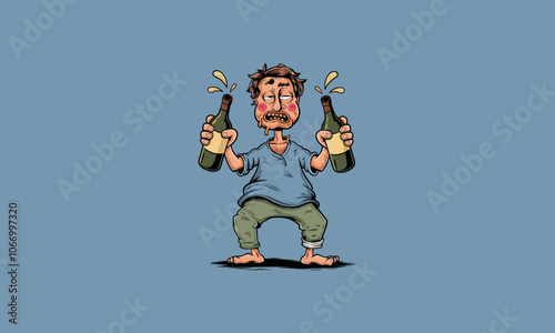 Drunk cartoon character holding two bottles, dizzy expression