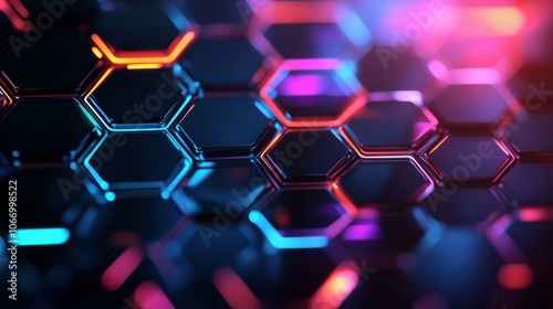 Abstract and Futuristic Hexagonal Background with Colorful and Glowing Neon Effect. Modern Technology Background.