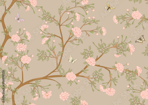 Blossom trees with flowers and butterflies. Seamless pattern, background. Vector illustration. In Chinoiserie, japandi, botanical style