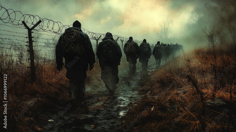Fototapeta premium Soldiers walking along barbed wire fence in gloomy landscape