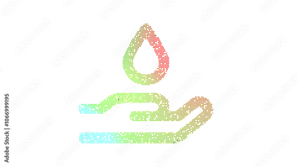 Icon hand holding water is made up of LED square shapes. There are bright diodes and there are black dead diodes Icon hand holding water is made up of LED square shapes. There are bright diodes and there are black dead diodes