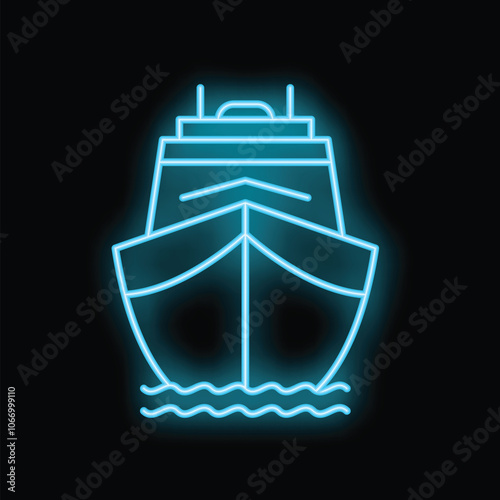 Bright blue neon sign of a large cargo ship sailing on water waves at night