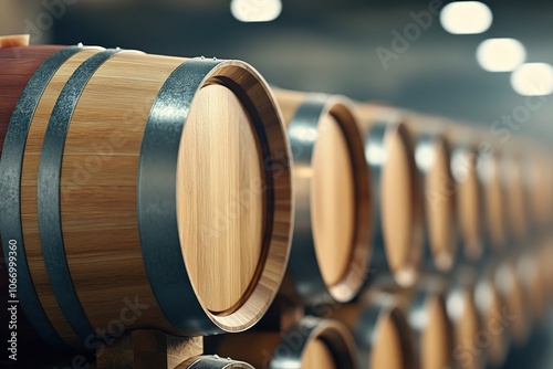 Neatly Stacked Wine Barrels for Aging Process photo