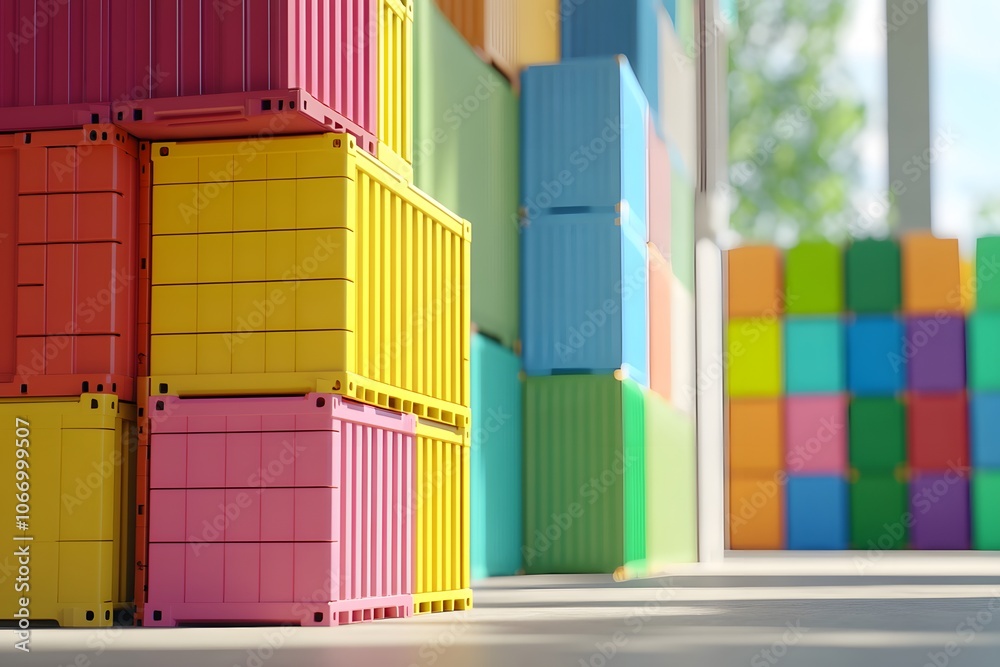 Fototapeta premium Colorful container stacks arranged in an illustrative style, set against a blur background