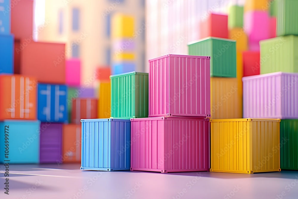 Fototapeta premium Colorful container stacks arranged in an illustrative style, set against a blur background