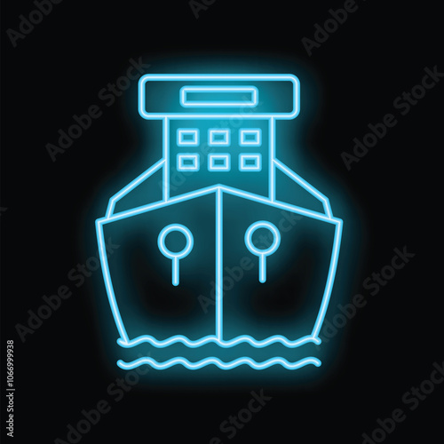 Blue neon sign representing a cargo ship sailing on water at night, with its bright lights illuminating the dark background