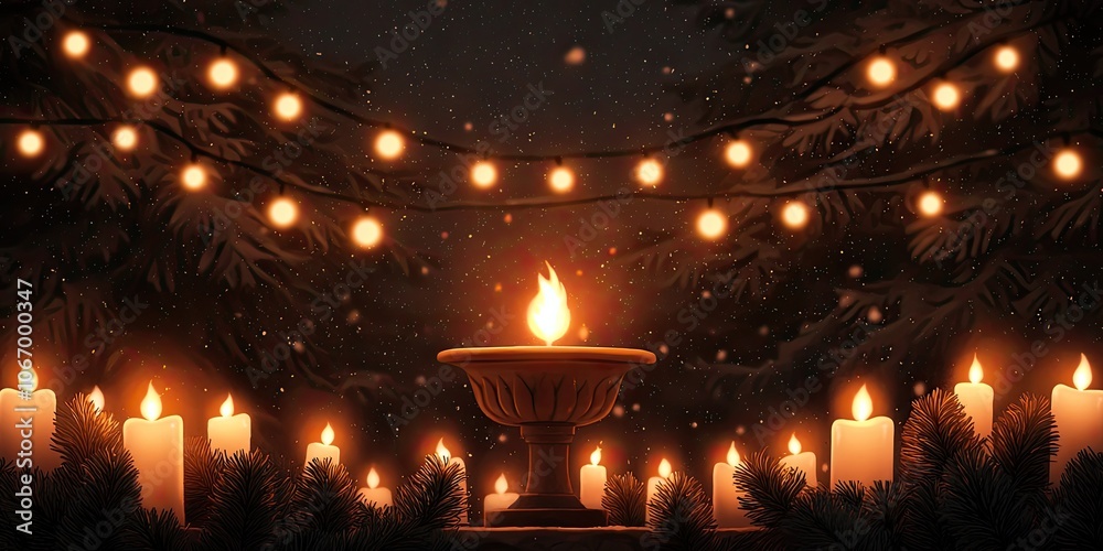 A serene candlelit scene with glowing orbs, a central flame, and snowflakes, creating a warm, peaceful atmosphere in a winter setting. A serene candlelit scene with glowing orbs, a central flame, and snowflakes, creating a warm, peaceful atmosphere in a winter setting.