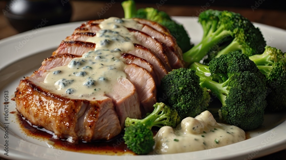 Roasted Meat with Blue Cheese Sauce, Broccoli, and Mashed Potatoes Roasted Meat with Blue Cheese Sauce, Broccoli, and Mashed Potatoes