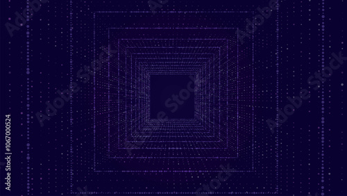 Technology wireframe square tunnel on dark background. Futuristic 3D wormhole grid. Digital dynamic wave. Vector illustration.