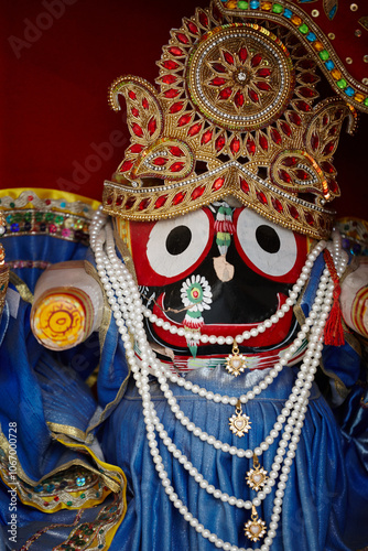 Indian, religion and worship icon with statue, throne and jewelry for Hindi culture with jewels. Mandir, sacred and colorful decorations for devotion, tradition and deity idol for prayer and ritual