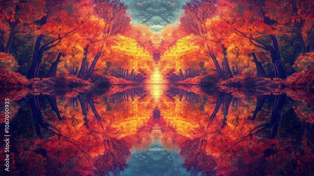 Vibrant Autumn Reflection in Calm River