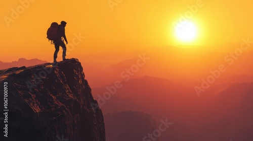 An explorer climbing at dawn, with the sunrise casting a golden hue over the landscape.