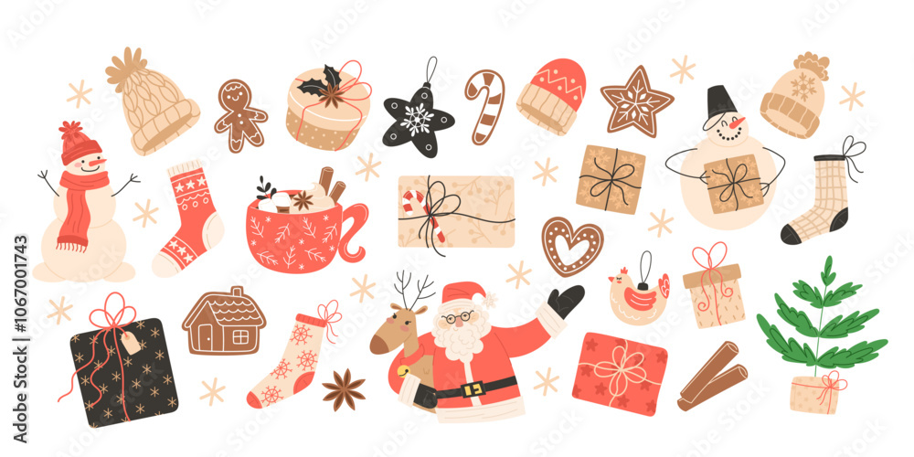Christmas elements set with holiday characters, treats, and decorations Christmas elements set with holiday characters, treats, and decorations