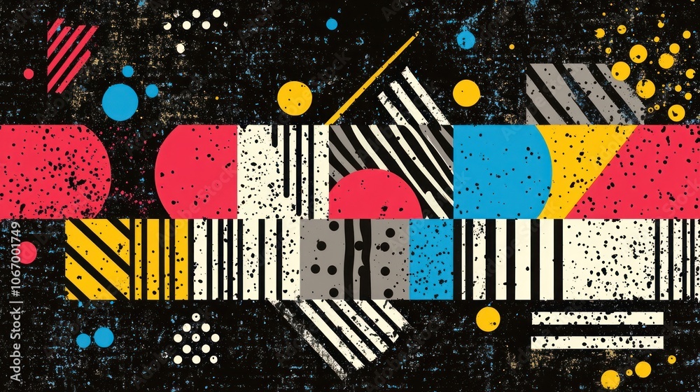 Obraz premium Abstract geometric pattern with bright colors and a grunge texture on a black background.