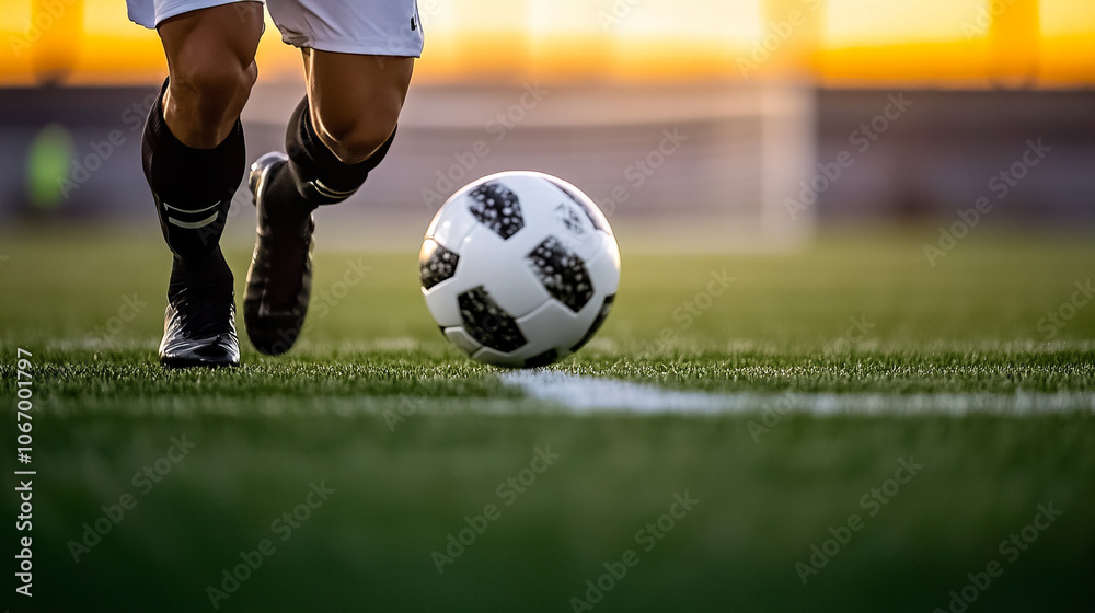 Fototapeta premium A soccer player dribbles a ball on a lush field at sunset, showcasing skill and focus during a match