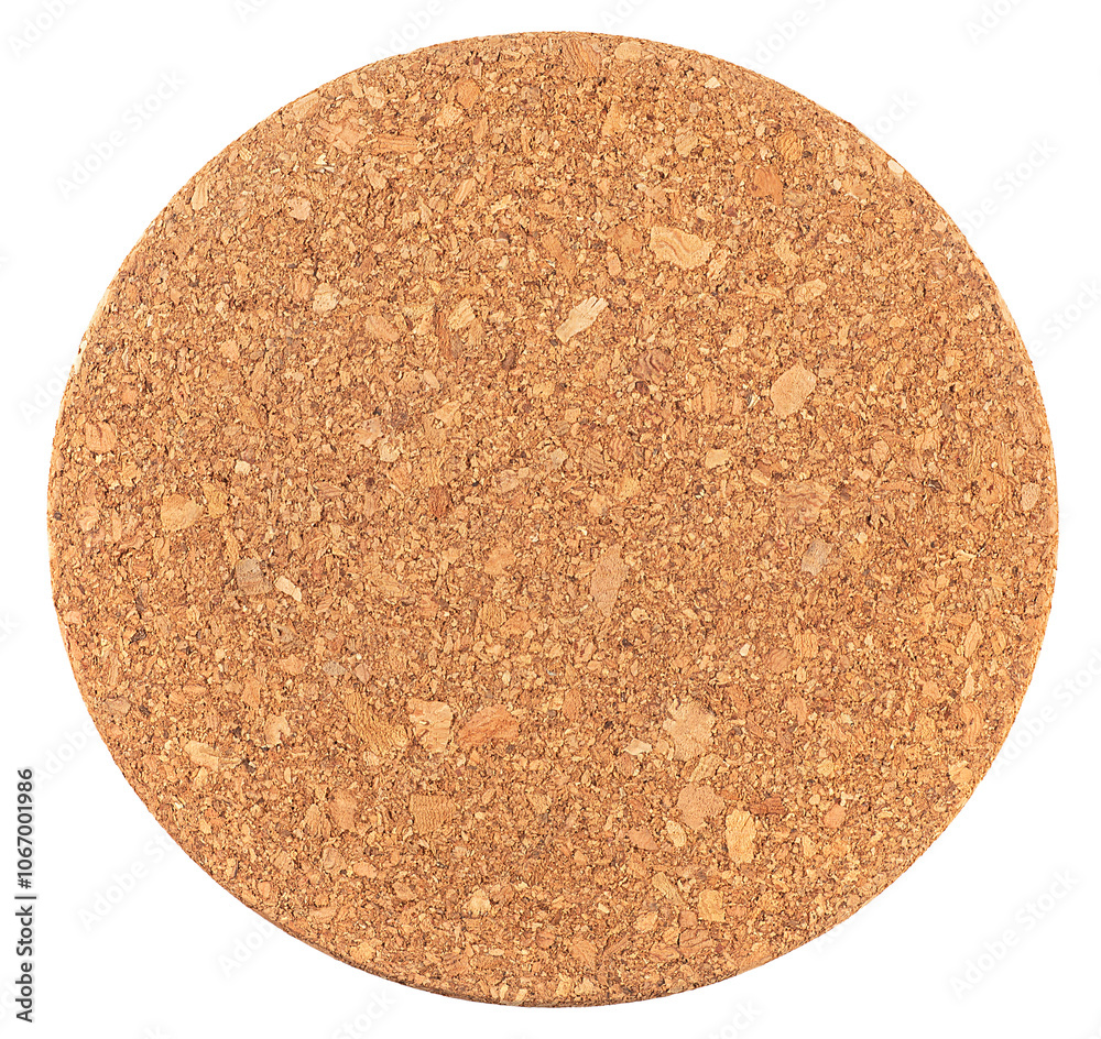 Round cork coaster isolated on a white background, top view. Cork stand under the hot. Round cork coaster isolated on a white background, top view. Cork stand under the hot.