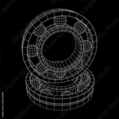 Roller bearing. Circular round rotating bearings used in industry for heavy equipment mechanical work and engineering. Wireframe low poly mesh vector illustration.