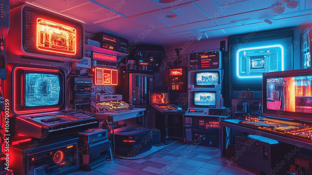 A vibrant retro-computer room filled with neon lights and vintage technology at night A vibrant retro-computer room filled with neon lights and vintage technology at night