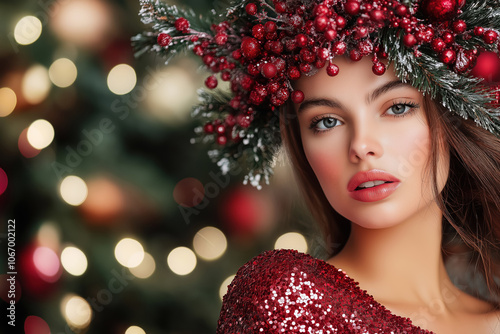 stunning woman wearing red glitter dress and decorative mistletoe headpiece for christmas celebration