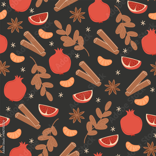 Seamless Christmas pattern with winter fruits, spices, and snowflakes on dark background