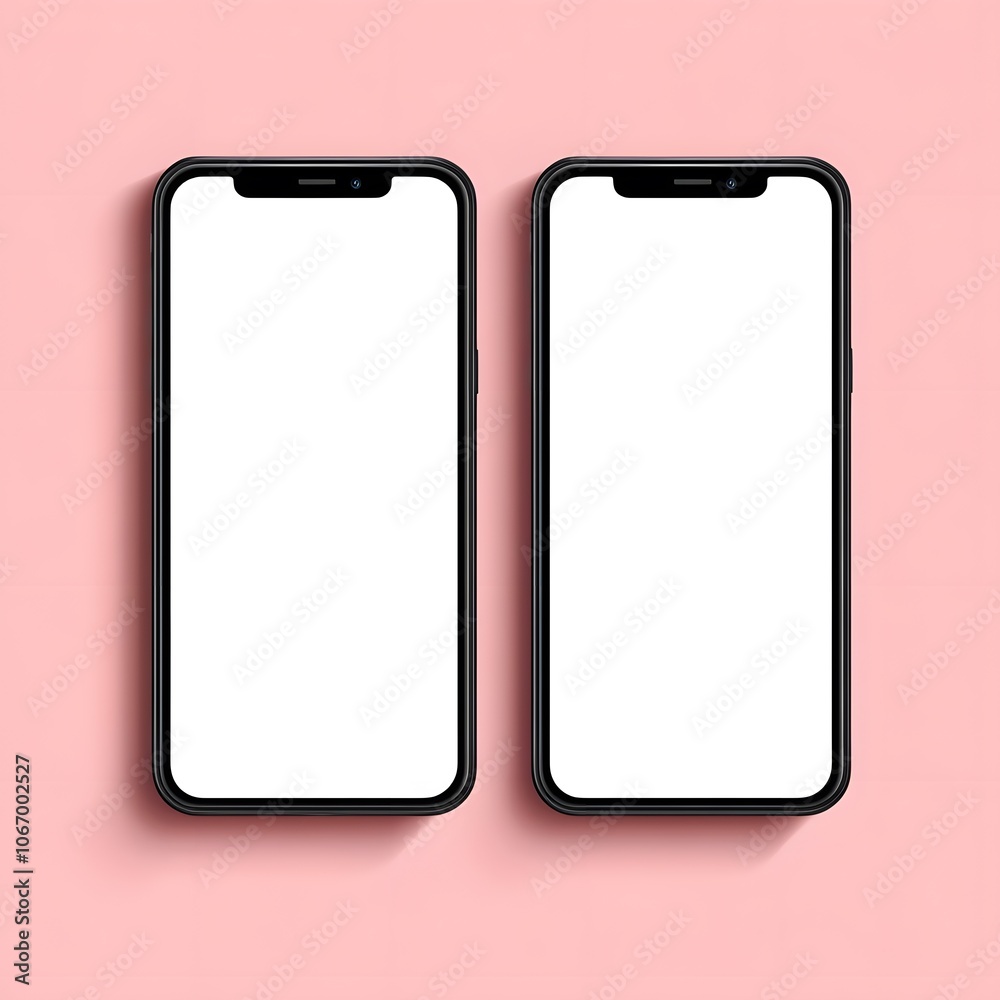 Two Black Smartphones with Blank Screens on a Pink Background Two Black Smartphones with Blank Screens on a Pink Background