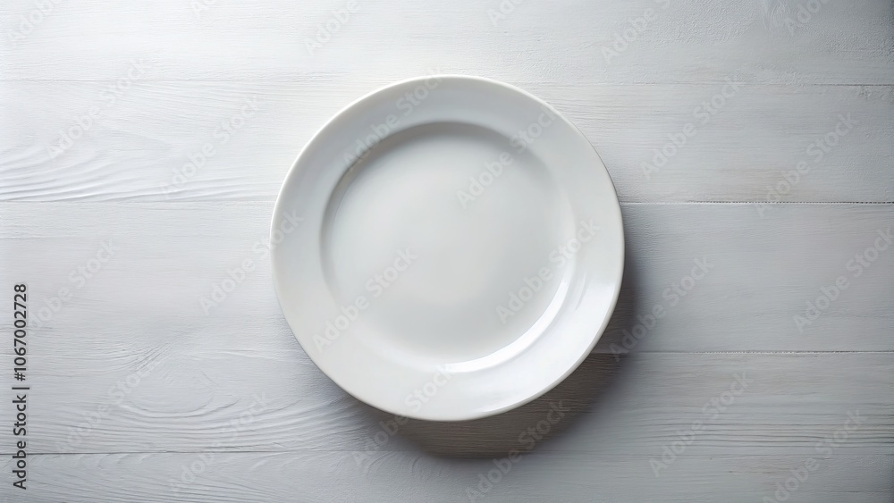 Minimalist Design Template Featuring an Empty White Plate on a White Table, Perfect for Food Photography and Culinary Presentations with Ample Copy Space Available Minimalist Design Template Featuring an Empty White Plate on a White Table, Perfect for Food Photography and Culinary Presentations with Ample Copy Space Available