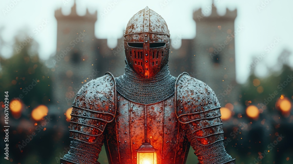 Knight in Gleaming Armor in Medieval Scene Knight in Gleaming Armor in Medieval Scene