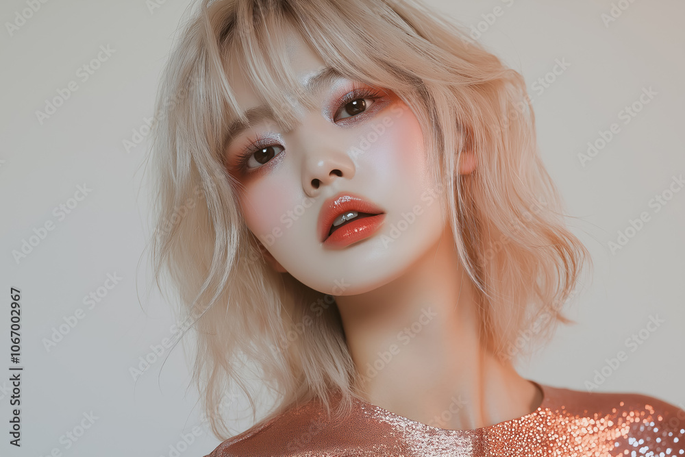 closeup of a young korean  woman with blonde hair and glitter makeup in soft rose gold lighting