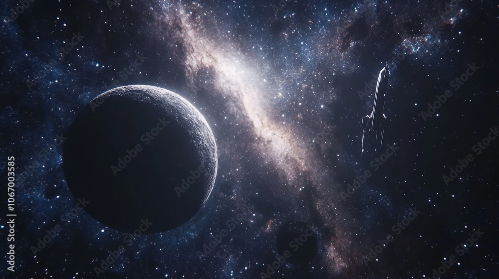 A distant planet surrounded by stars and a galaxy in the vastness of outer space A distant planet surrounded by stars and a galaxy in the vastness of outer space