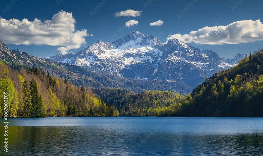 Breathtaking view of Fusine lake with Mangart peak on background. Popular travel destination of Mediterranean sea. Location: Tarvisio comune , spring Breathtaking view of Fusine lake with Mangart peak on background. Popular travel destination of Mediterranean sea. Location: Tarvisio comune , spring