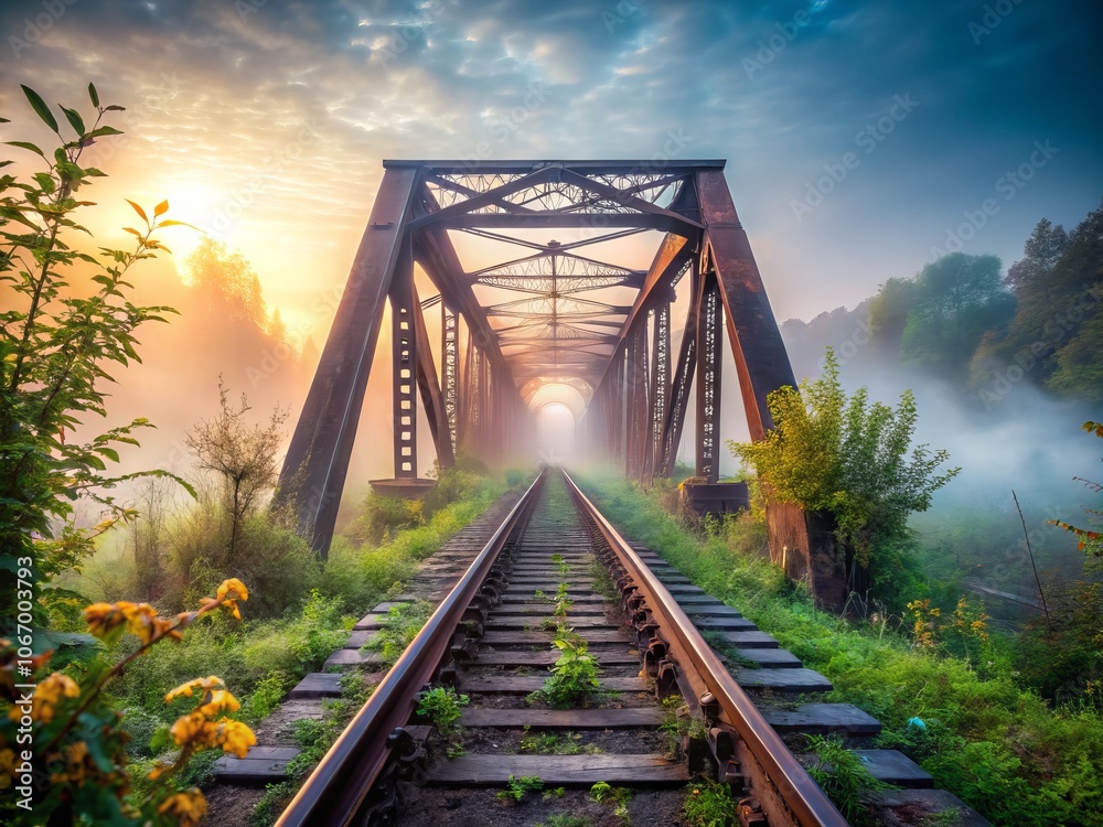 Fototapeta premium Misty Morning at an Abandoned Railroad Bridge: A Haunting Urban Exploration Scene with Fog Enhancing the Atmosphere of the Forgotten Structure