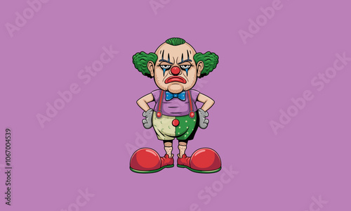 Grumpy clown cartoon character with exaggerated features