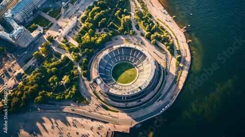 Aerial view of a circular stadium on a peninsula with green trees, water, and city buildings in the background.