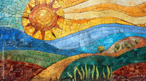 A mural of a calming landscape with a shining sun reminding visitors of the light and hope that can be found in prayer.