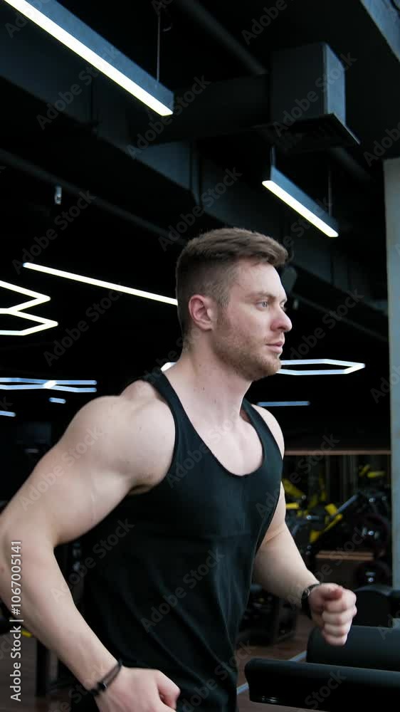 Handsome man with a trained body is running on a treadmill. Young sportsman exercising on a simulator in modern fitness center. Healthy lifestyle. Vertical video Handsome man with a trained body is running on a treadmill. Young sportsman exercising on a simulator in modern fitness center. Healthy lifestyle. Vertical video