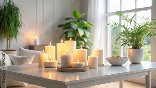 Modern Still Life with Burning Candles Displayed in a Bright White Interior, Capturing Serenity and Minimalism in Panoramic Photography Style