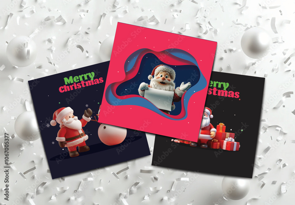 Merry Christmas Greeting Cards with Cartoon Santa Claus, Snowman and ...