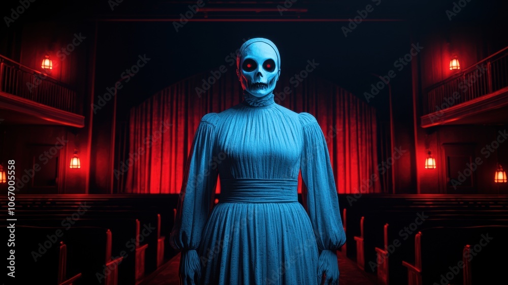 Eerie Scene in a Haunted Theater with Costumed Figure Eerie Scene in a Haunted Theater with Costumed Figure