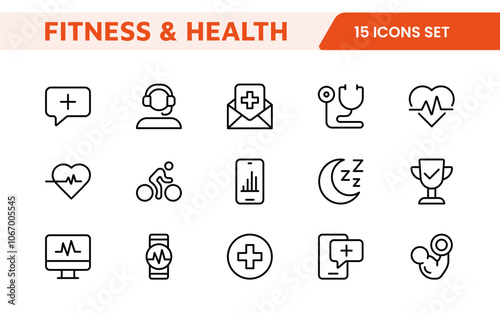 Health Tracking Icon Set. Clean and modern icons for fitness, wellness, and medical apps, perfect for tracking workouts, nutrition, vitals, and overall well-being in a user-friendly way.