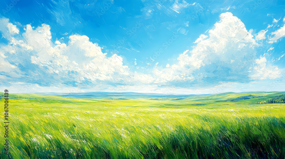 Obraz premium Summer landscape with green meadow and blue sky with white clouds. Oil color painting.