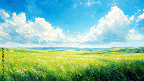 Summer landscape with green meadow and blue sky with white clouds. Oil color painting.