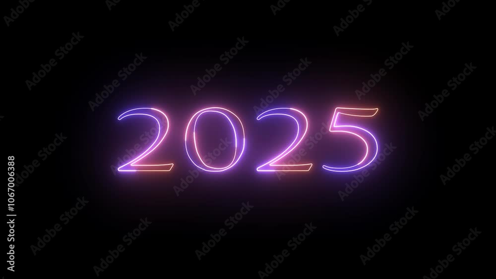 Glowing neon line word of new year 2025 isolated on black background. Concept of new year beginning, happy celebration with pink and blue color. Glowing neon line word of new year 2025 isolated on black background. Concept of new year beginning, happy celebration with pink and blue color.
