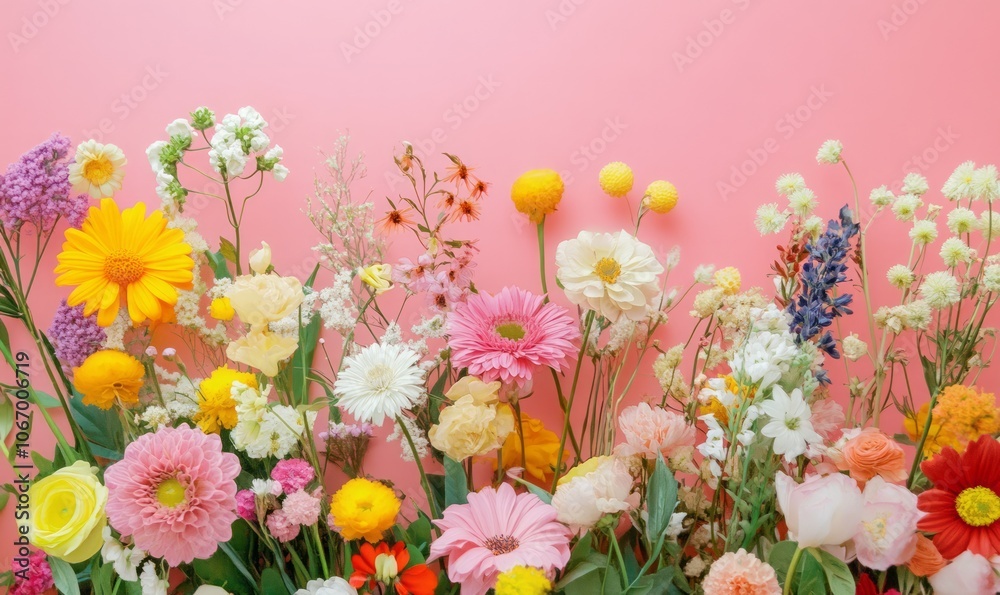Colorful flower arrangement against bright backdrop Colorful flower arrangement against bright backdrop