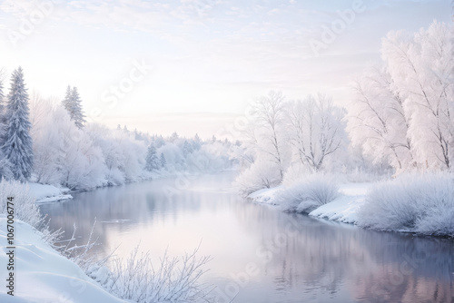 Tranquil winter landscape with a river winding through snow-covered trees, bathed in soft pink tones at dawn. Generative AI