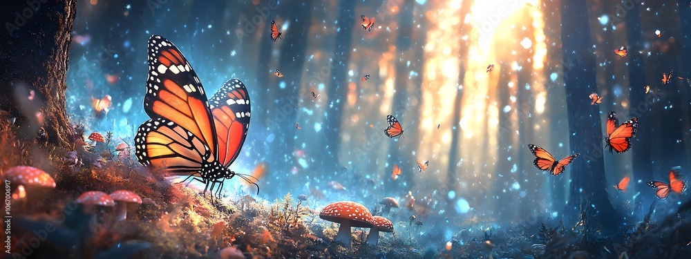 In the forest, mushrooms and butterflies flutter in the air, creating a magical atmosphere In the forest, mushrooms and butterflies flutter in the air, creating a magical atmosphere