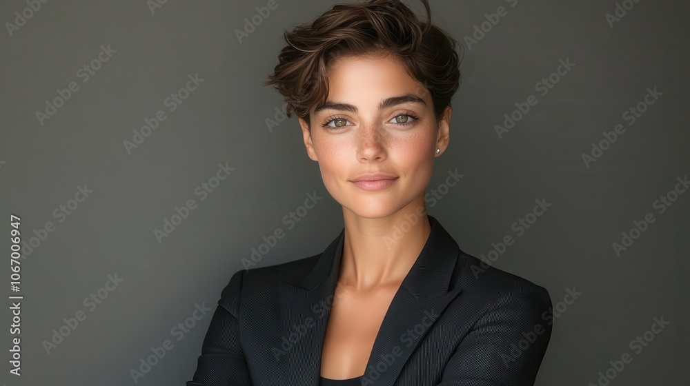 A confident young woman poses in a tailored blazer against a neutral background, showcasing her natural beauty and strong presence. A confident young woman poses in a tailored blazer against a neutral background, showcasing her natural beauty and strong presence.