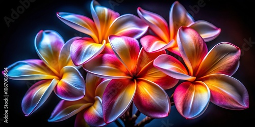 Night Photography of Striking Frangipani Flowers: A Close-Up of White, Red, and Yellow Petals Showcasing Their Unique Shapes and Vibrant Colors Under the Moonlight