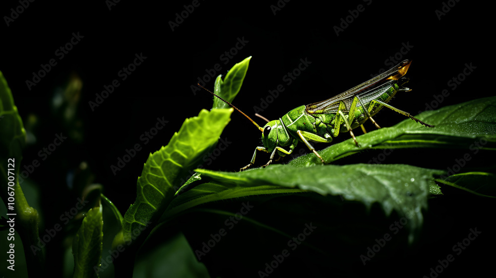 Closeup of grasshopper on black background
